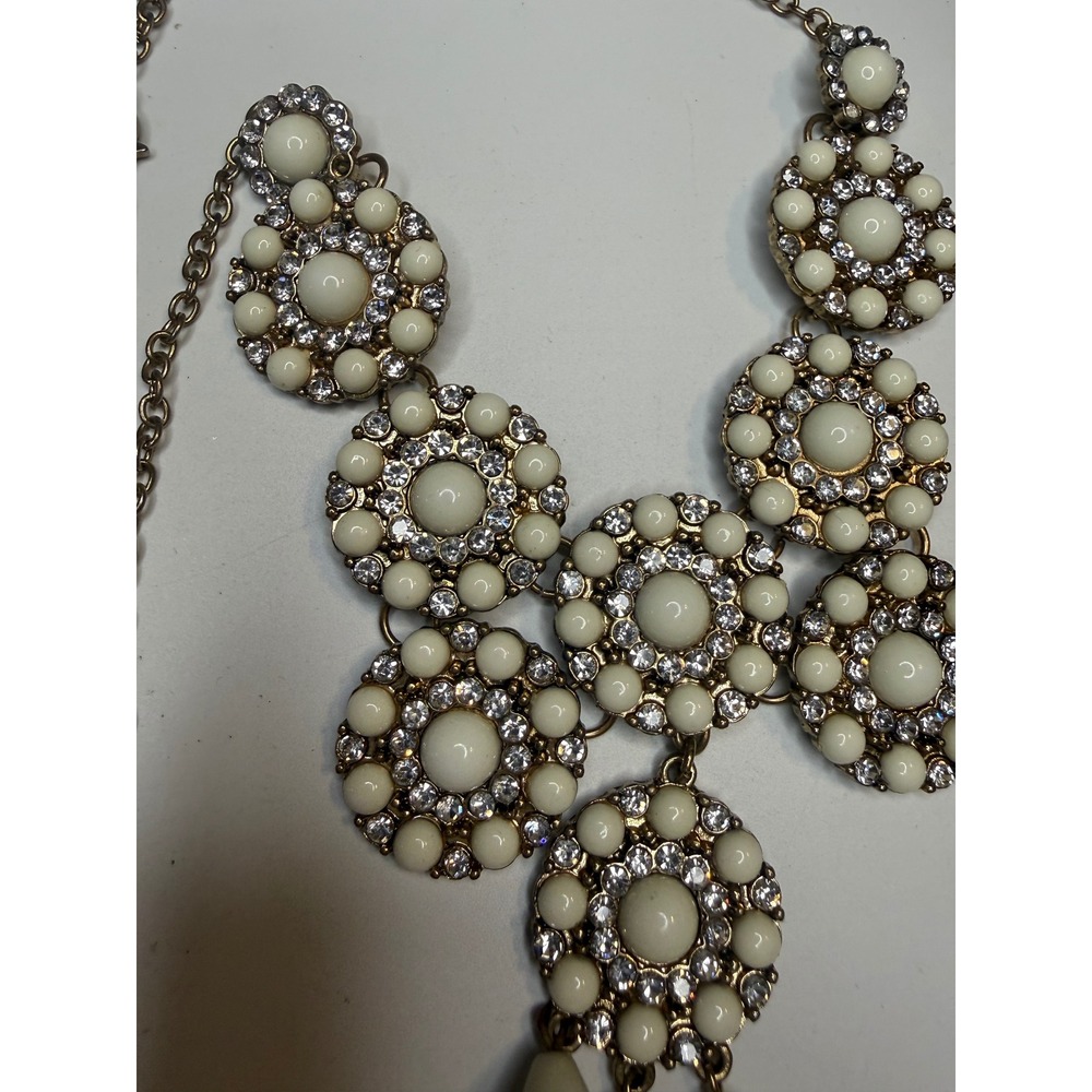 Daphne Gold Tone Cream Cabochon Rhinestone Statement Bib Necklace Heart Charm